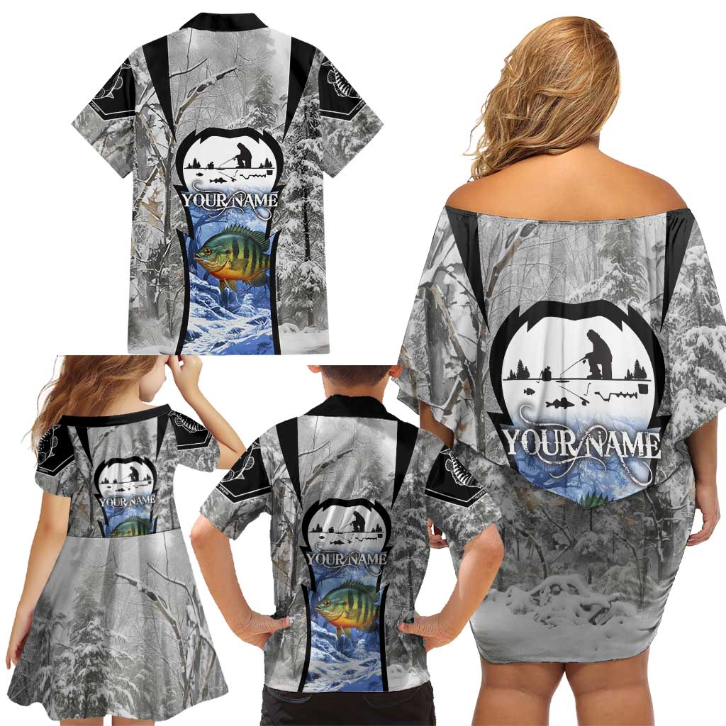 Custom Bluegill Ice Fishing Winter Camo Family Matching Off Shoulder Short Dress and Hawaiian Shirt with Snowy Forest Background Colorful Fish - Wonder Print Shop