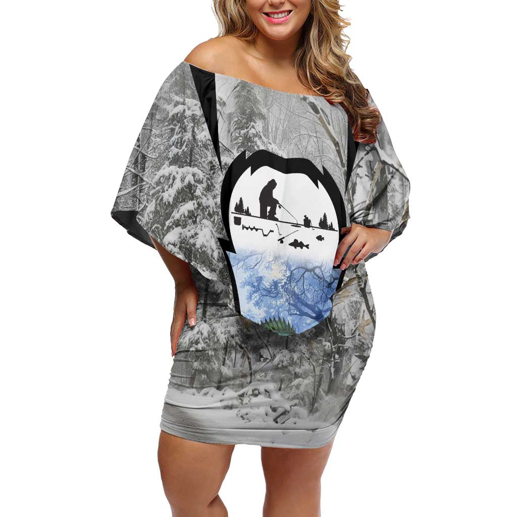 Custom Bluegill Ice Fishing Winter Camo Family Matching Off Shoulder Short Dress and Hawaiian Shirt with Snowy Forest Background Colorful Fish - Wonder Print Shop
