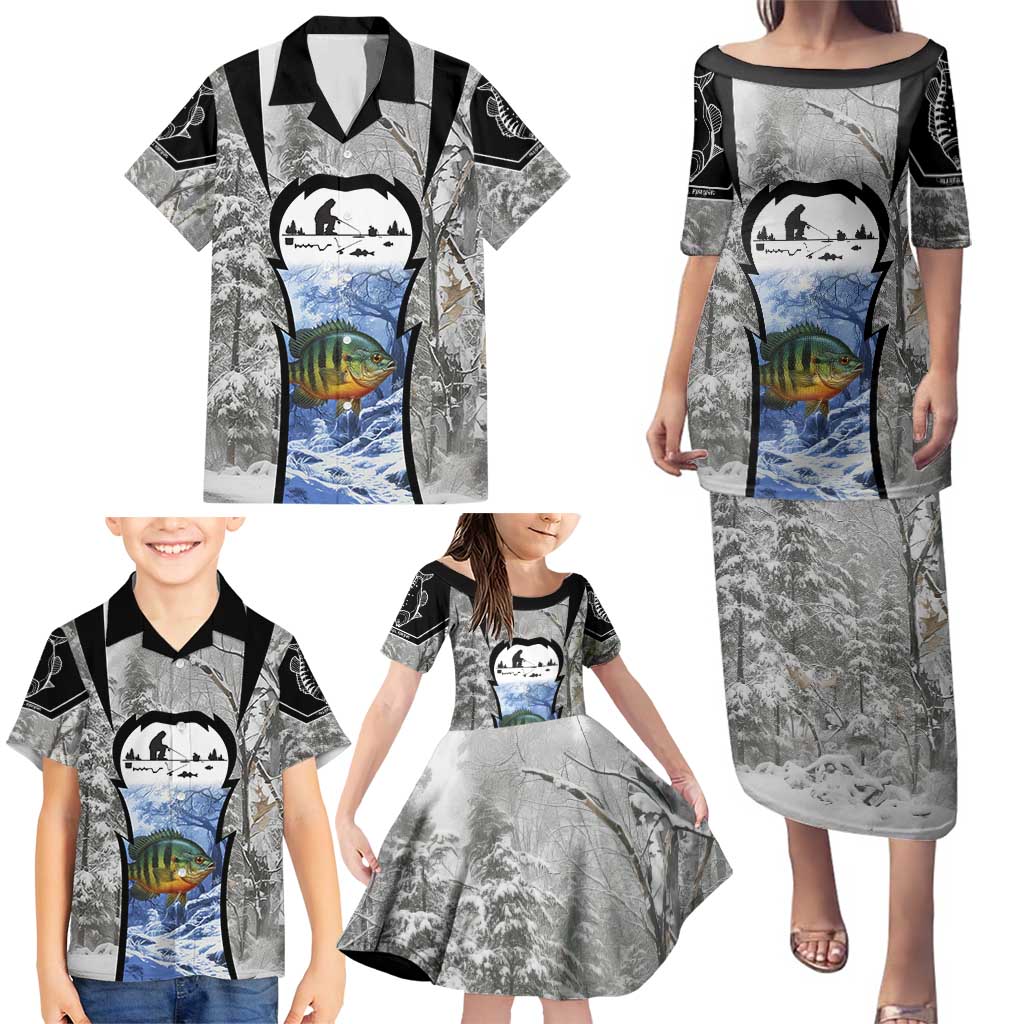 Custom Bluegill Ice Fishing Winter Camo Family Matching Puletasi and Hawaiian Shirt with Snowy Forest Background Colorful Fish - Wonder Print Shop
