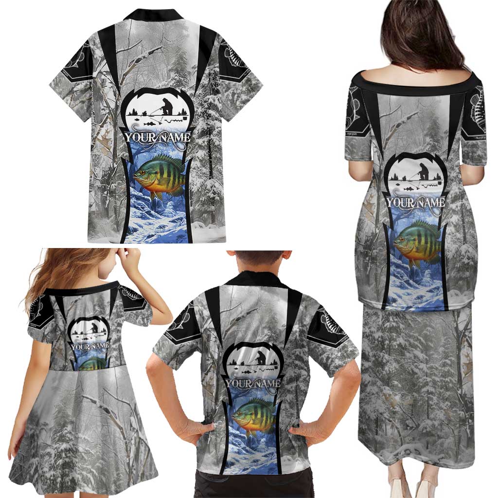 Custom Bluegill Ice Fishing Winter Camo Family Matching Puletasi and Hawaiian Shirt with Snowy Forest Background Colorful Fish - Wonder Print Shop