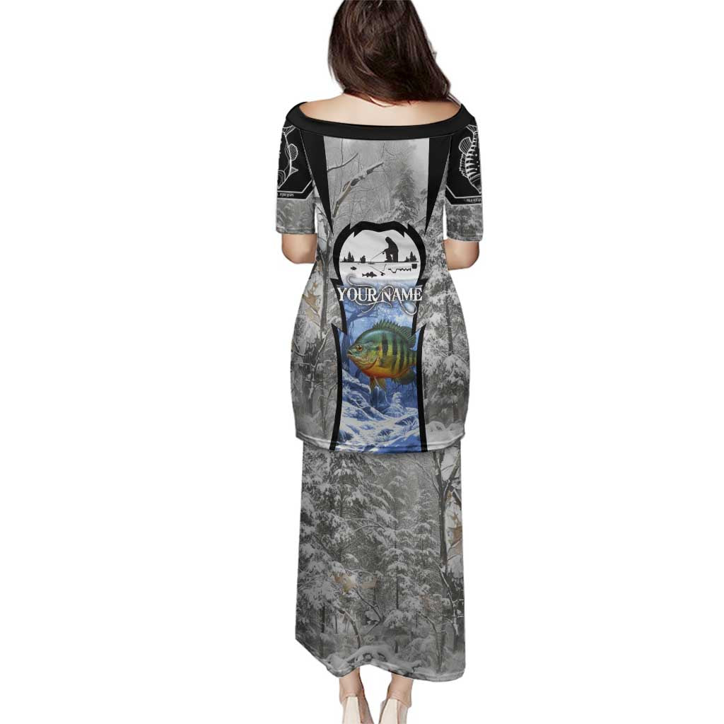 Custom Bluegill Ice Fishing Winter Camo Family Matching Puletasi and Hawaiian Shirt with Snowy Forest Background Colorful Fish - Wonder Print Shop