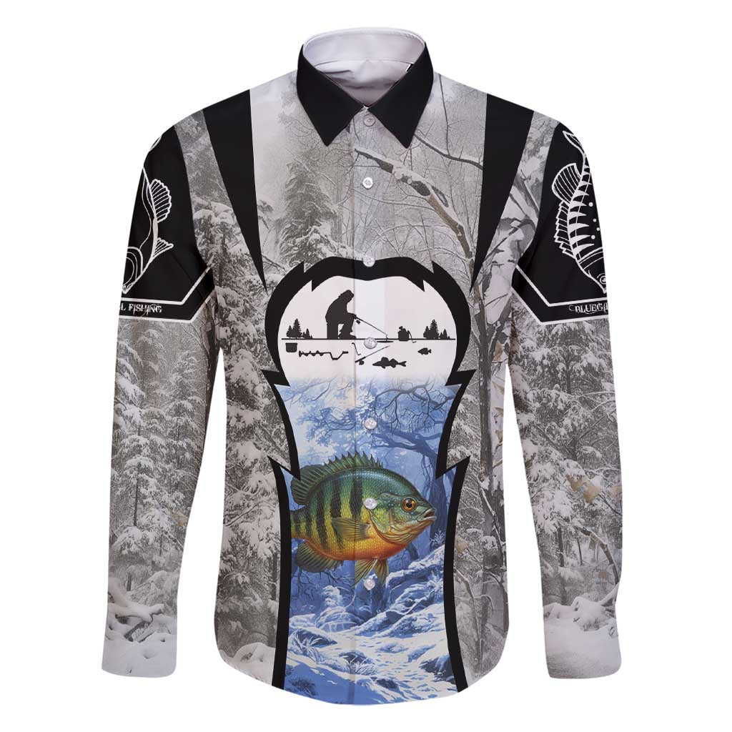 Custom Bluegill Ice Fishing Winter Camo Family Matching Short Sleeve Bodycon Dress and Hawaiian Shirt with Snowy Forest Background Colorful Fish - Wonder Print Shop