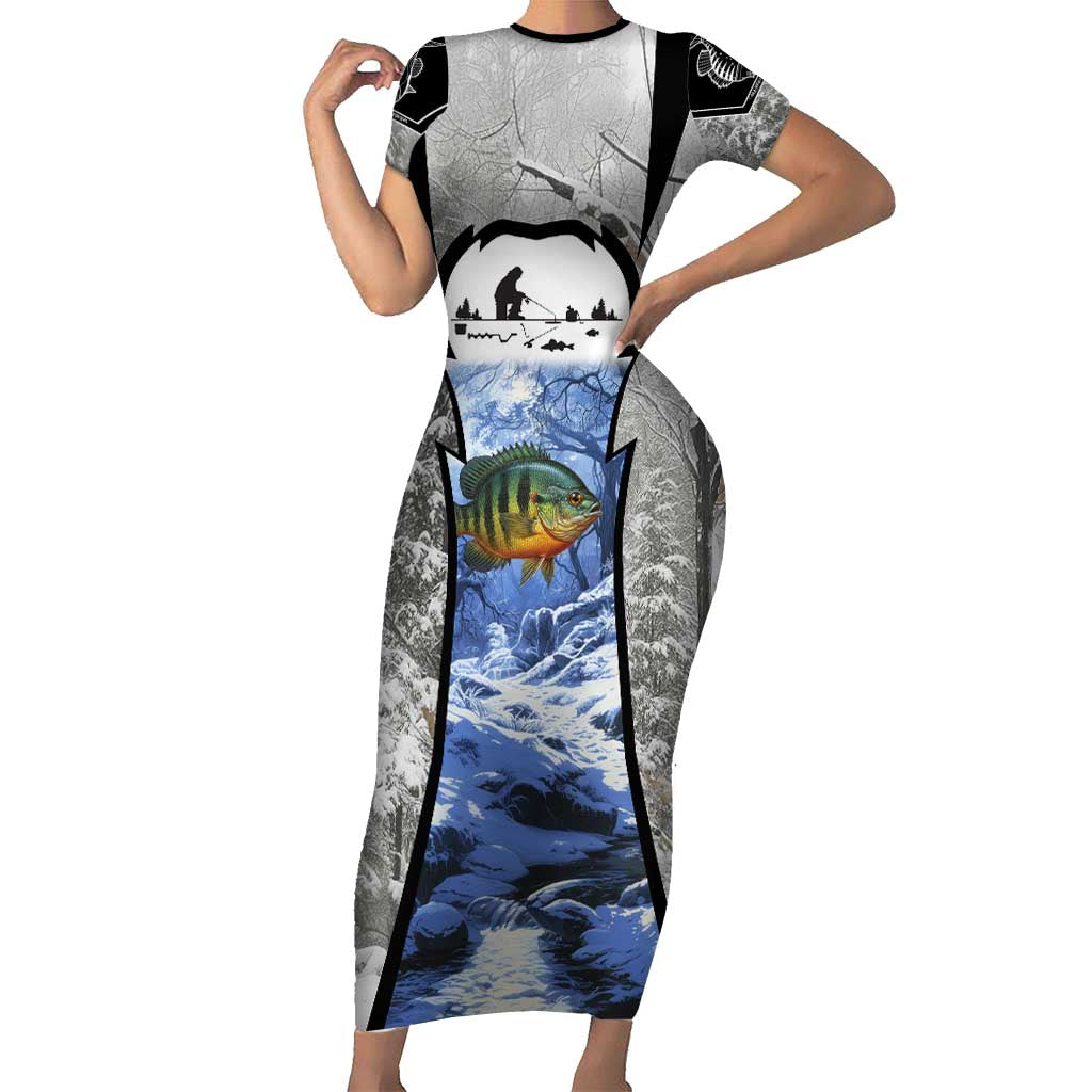 Custom Bluegill Ice Fishing Winter Camo Family Matching Short Sleeve Bodycon Dress and Hawaiian Shirt with Snowy Forest Background Colorful Fish - Wonder Print Shop