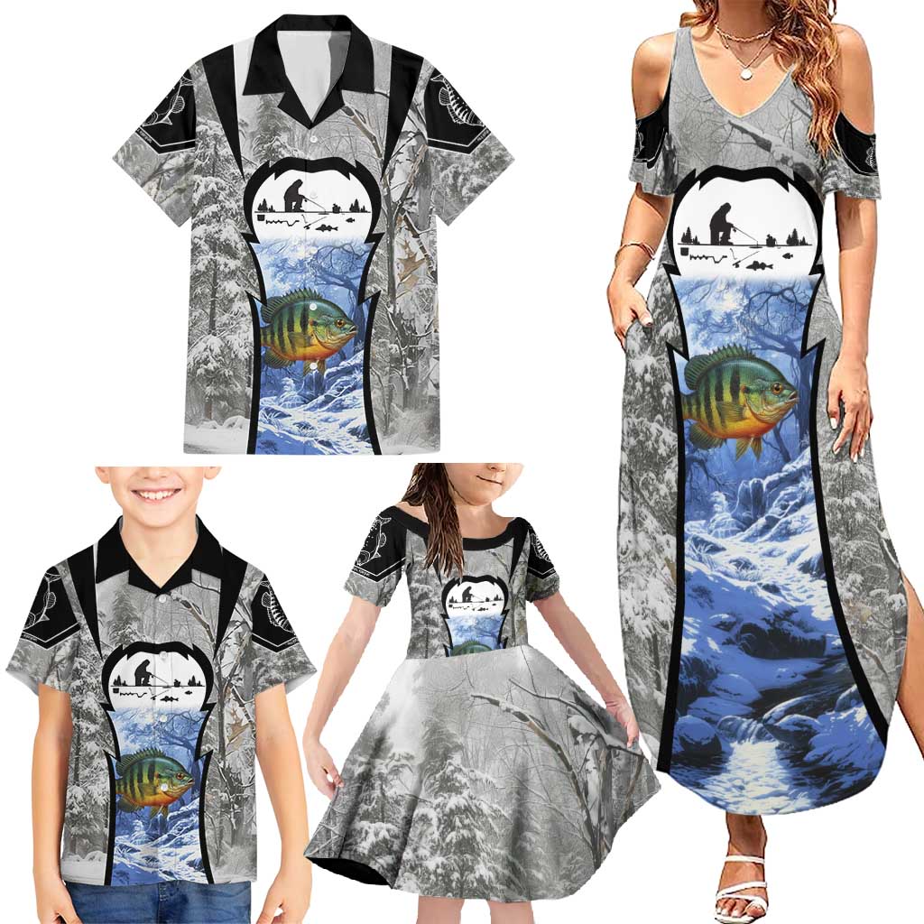 Custom Bluegill Ice Fishing Winter Camo Family Matching Summer Maxi Dress and Hawaiian Shirt with Snowy Forest Background Colorful Fish - Wonder Print Shop