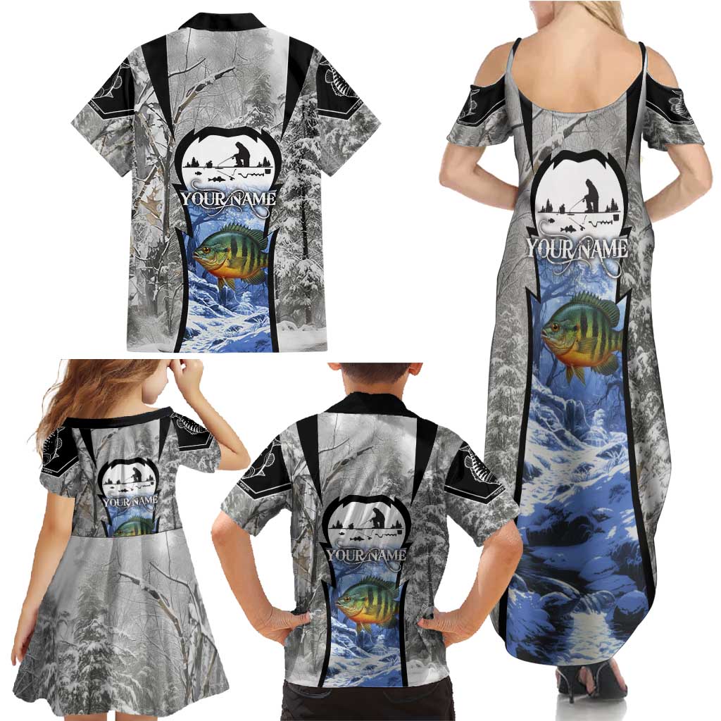 Custom Bluegill Ice Fishing Winter Camo Family Matching Summer Maxi Dress and Hawaiian Shirt with Snowy Forest Background Colorful Fish - Wonder Print Shop