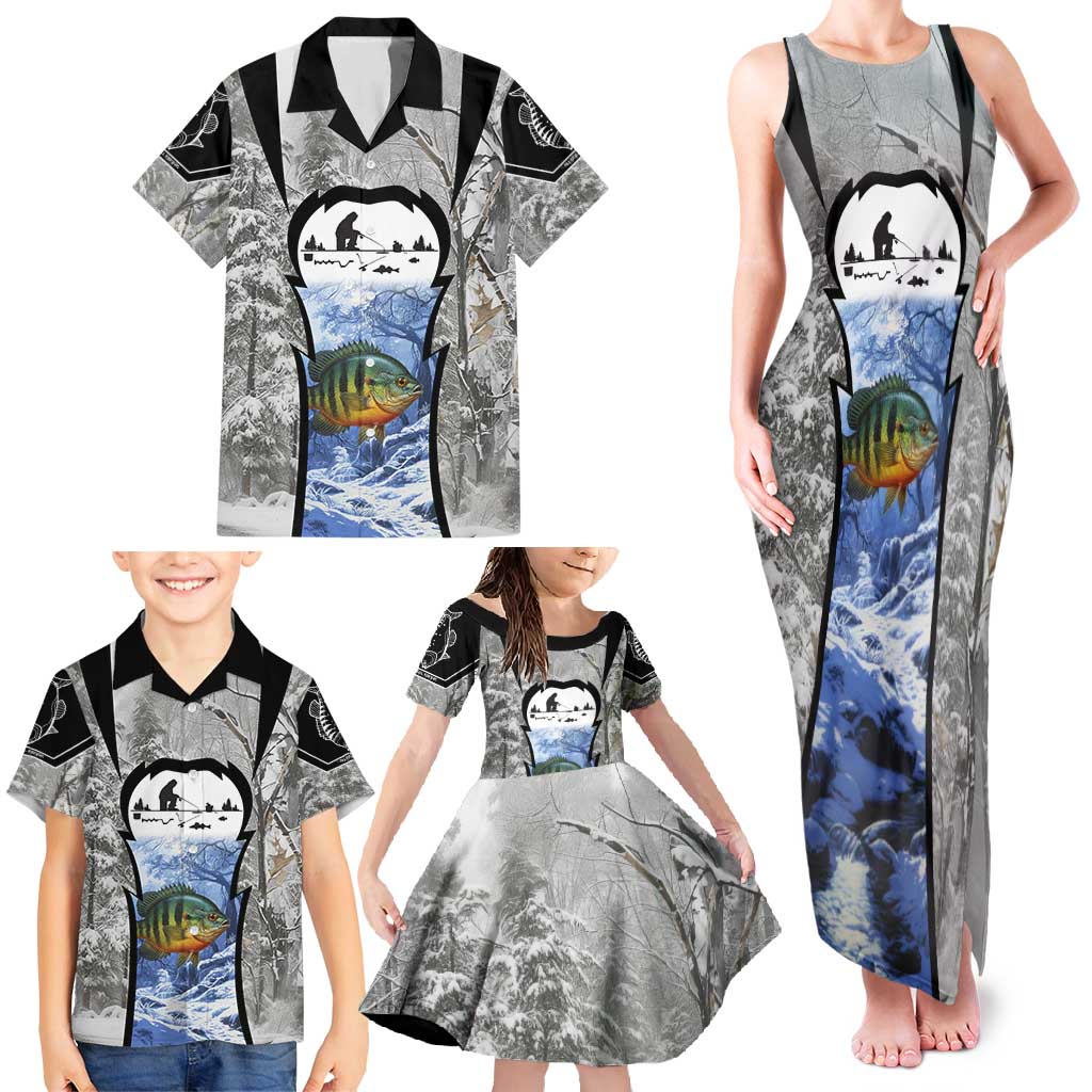 Custom Bluegill Ice Fishing Winter Camo Family Matching Tank Maxi Dress and Hawaiian Shirt with Snowy Forest Background Colorful Fish - Wonder Print Shop