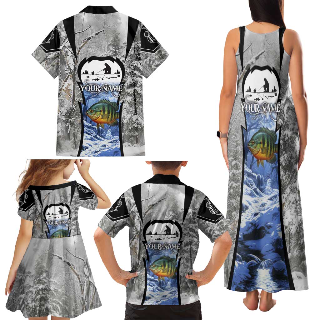 Custom Bluegill Ice Fishing Winter Camo Family Matching Tank Maxi Dress and Hawaiian Shirt with Snowy Forest Background Colorful Fish - Wonder Print Shop