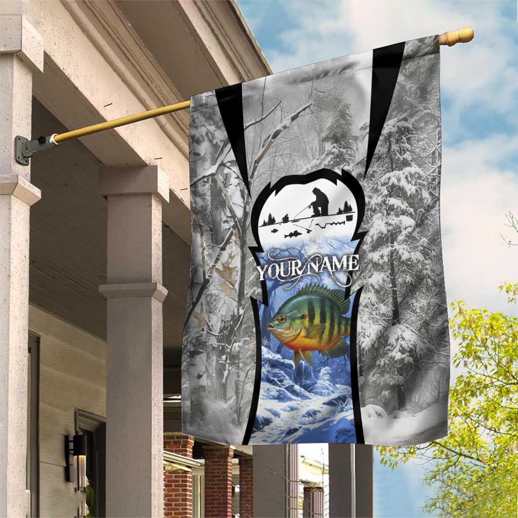 Custom Bluegill Ice Fishing Winter Camo Garden Flag with Snowy Forest Background Colorful Fish - Wonder Print Shop