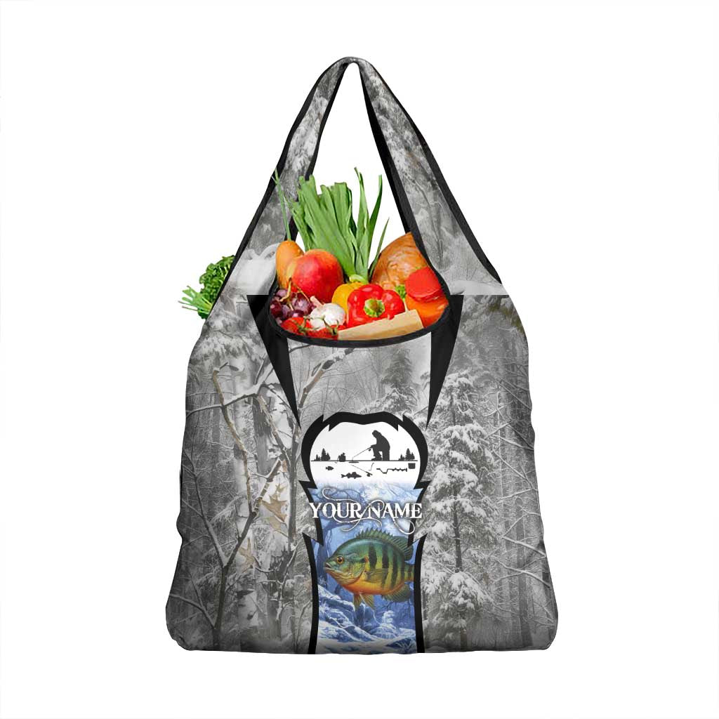 Custom Bluegill Ice Fishing Winter Camo Grocery Bag with Snowy Forest Background Colorful Fish - Wonder Print Shop