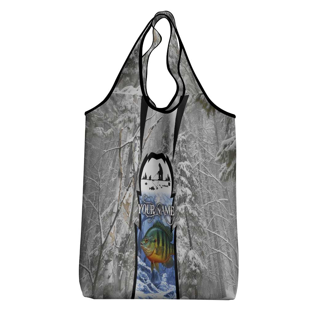 Custom Bluegill Ice Fishing Winter Camo Grocery Bag with Snowy Forest Background Colorful Fish - Wonder Print Shop