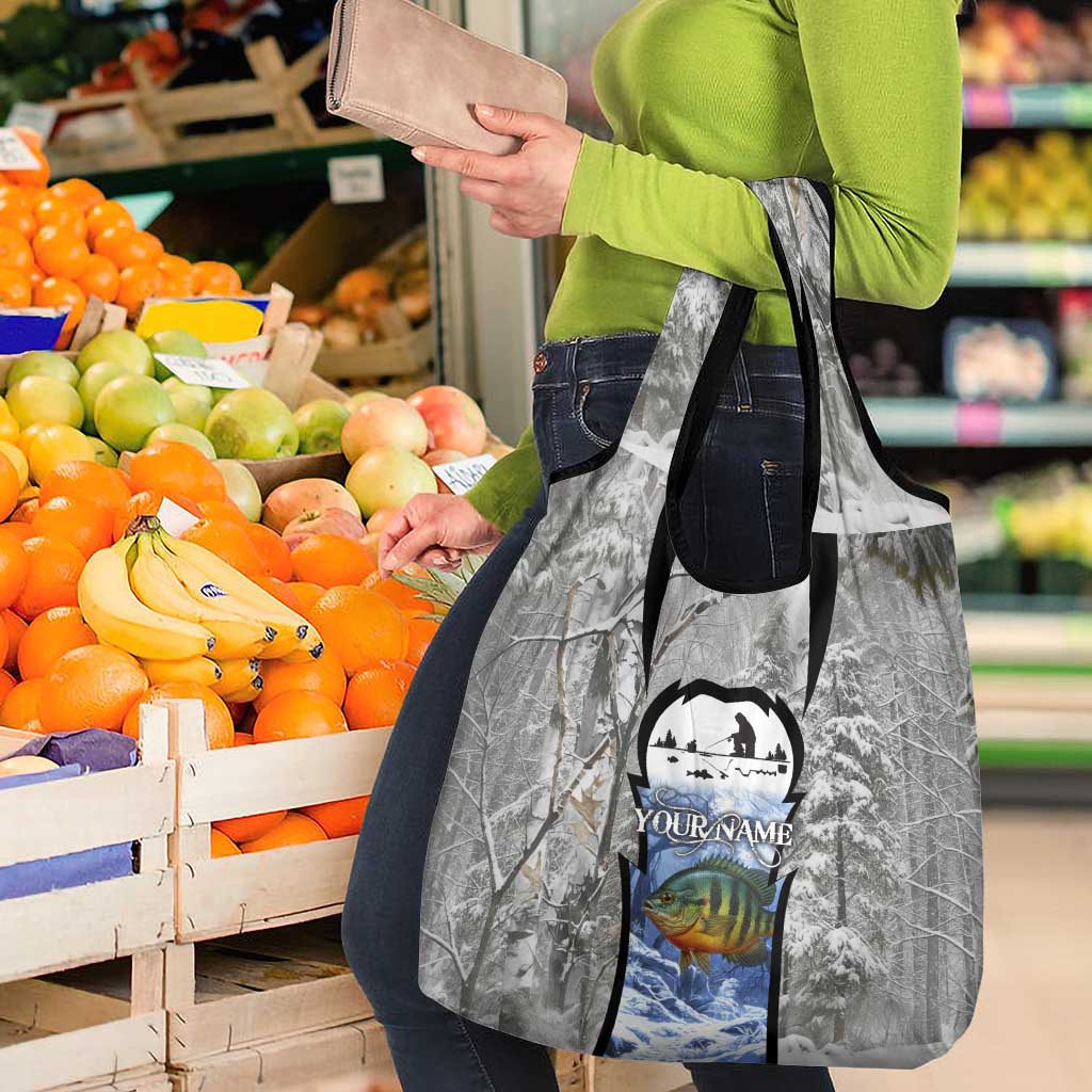 Custom Bluegill Ice Fishing Winter Camo Grocery Bag with Snowy Forest Background Colorful Fish - Wonder Print Shop