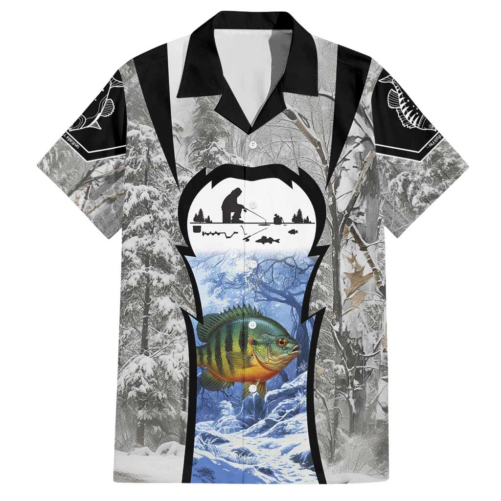 Custom Bluegill Ice Fishing Winter Camo Hawaiian Shirt with Snowy Forest Background Colorful Fish - Wonder Print Shop