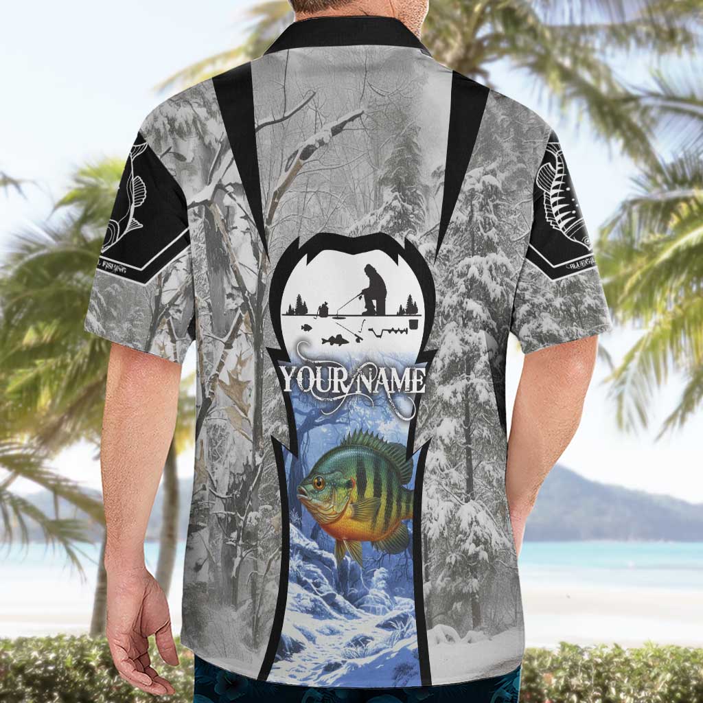 Custom Bluegill Ice Fishing Winter Camo Hawaiian Shirt with Snowy Forest Background Colorful Fish - Wonder Print Shop