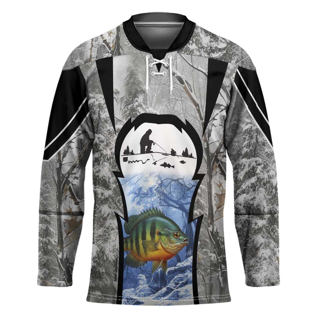 Custom Bluegill Ice Fishing Winter Camo Hockey Jersey with Snowy Forest Background Colorful Fish - Wonder Print Shop
