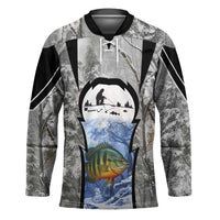 Custom Bluegill Ice Fishing Winter Camo Hockey Jersey with Snowy Forest Background Colorful Fish - Wonder Print Shop