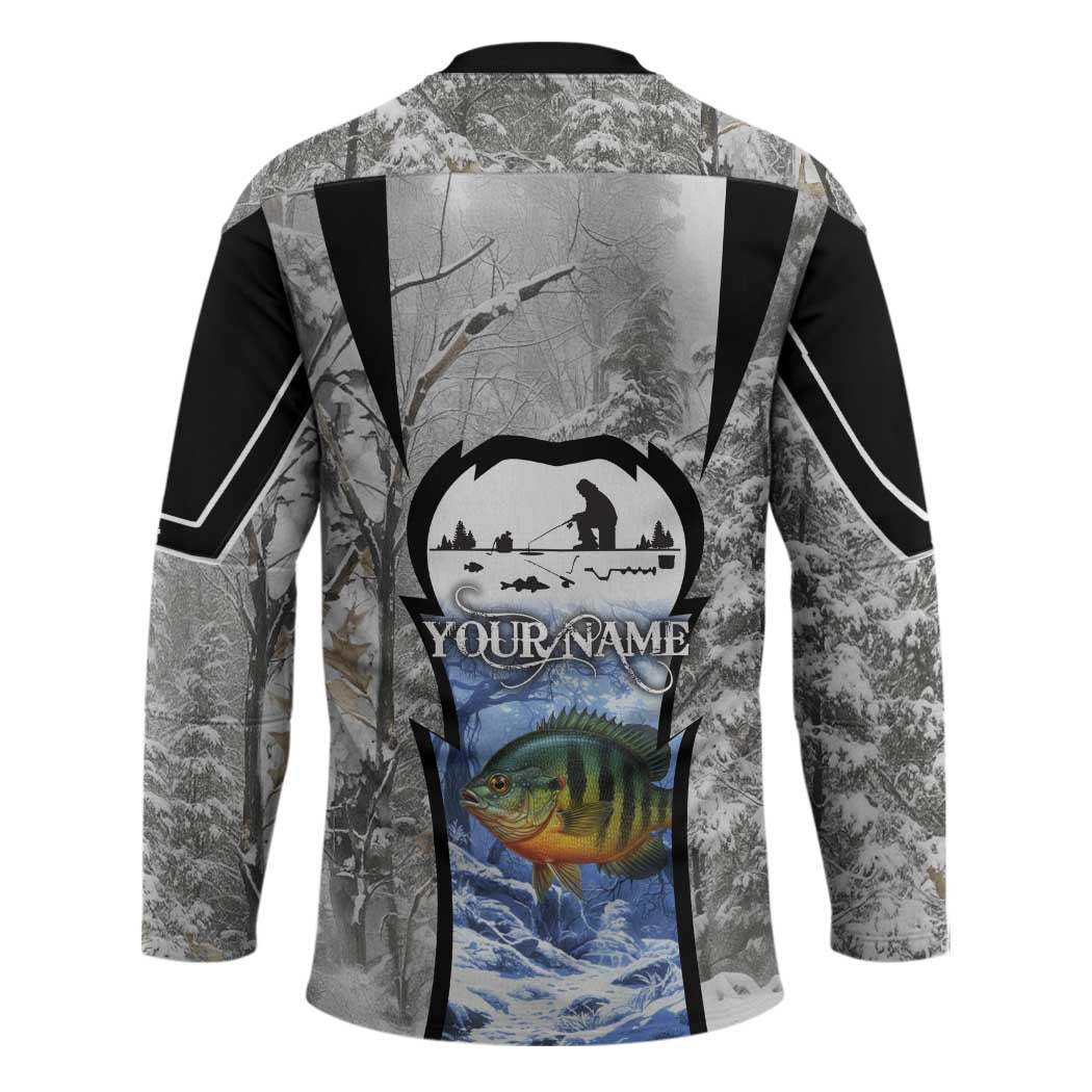 Custom Bluegill Ice Fishing Winter Camo Hockey Jersey with Snowy Forest Background Colorful Fish - Wonder Print Shop