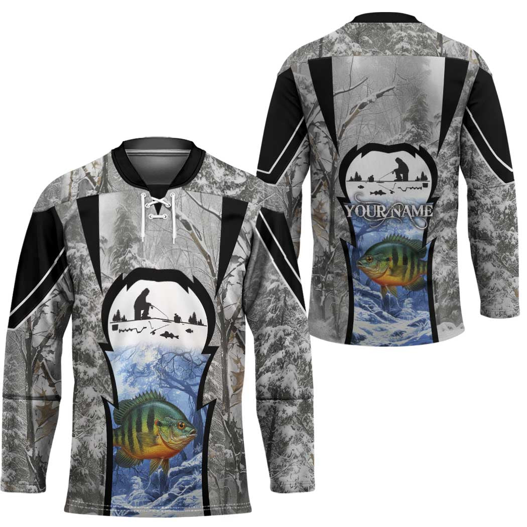 Custom Bluegill Ice Fishing Winter Camo Hockey Jersey with Snowy Forest Background Colorful Fish - Wonder Print Shop