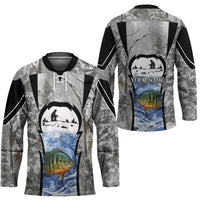 Custom Bluegill Ice Fishing Winter Camo Hockey Jersey with Snowy Forest Background Colorful Fish - Wonder Print Shop