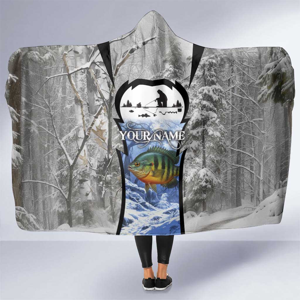 Custom Bluegill Ice Fishing Winter Camo Hooded Blanket with Snowy Forest Background Colorful Fish - Wonder Print Shop