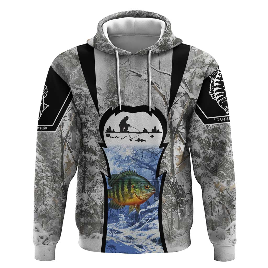 Custom Bluegill Ice Fishing Winter Camo Hoodie with Snowy Forest Background Colorful Fish - Wonder Print Shop