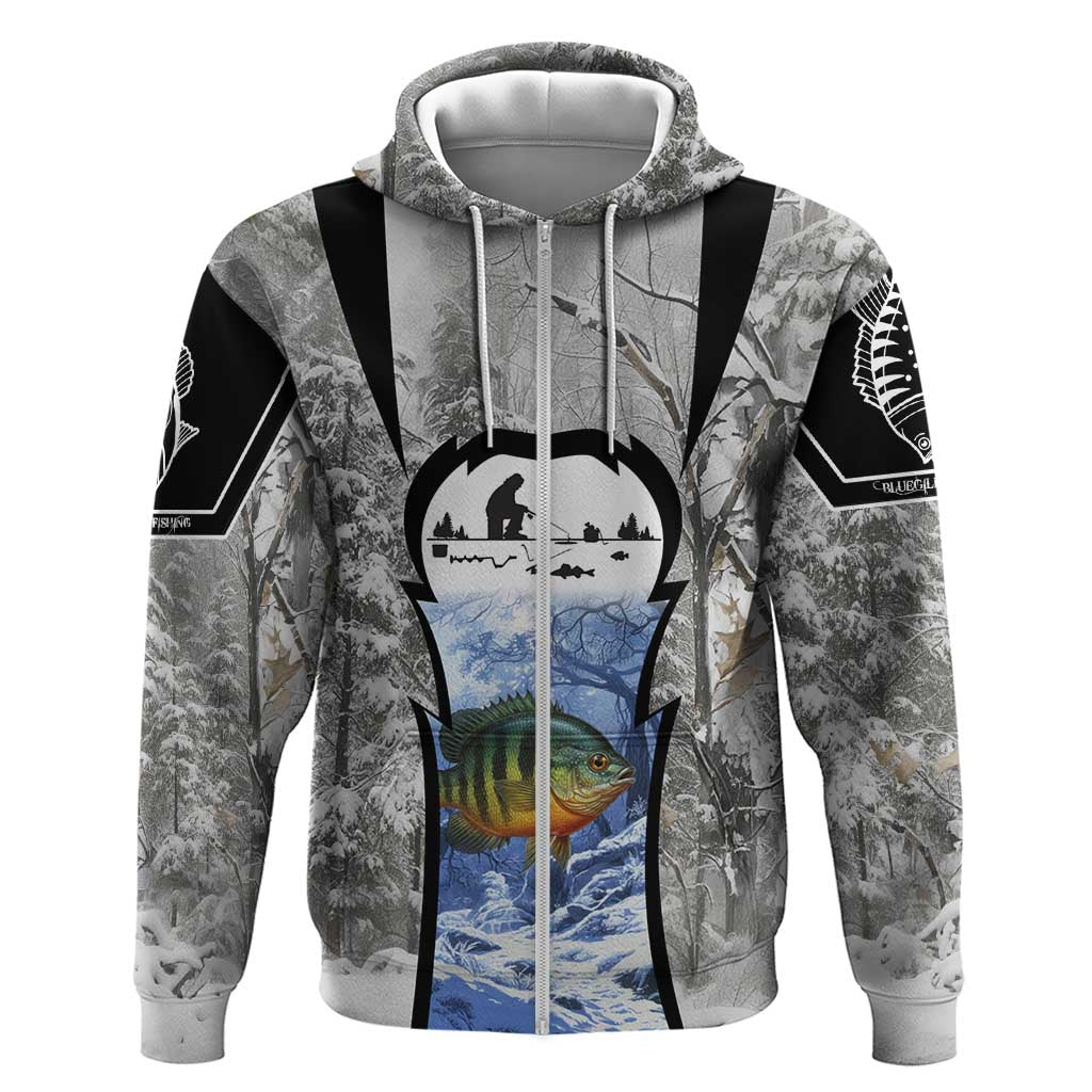 Custom Bluegill Ice Fishing Winter Camo Hoodie with Snowy Forest Background Colorful Fish - Wonder Print Shop