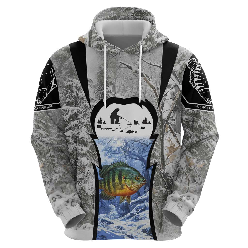 Custom Bluegill Ice Fishing Winter Camo Hoodie with Snowy Forest Background Colorful Fish - Wonder Print Shop