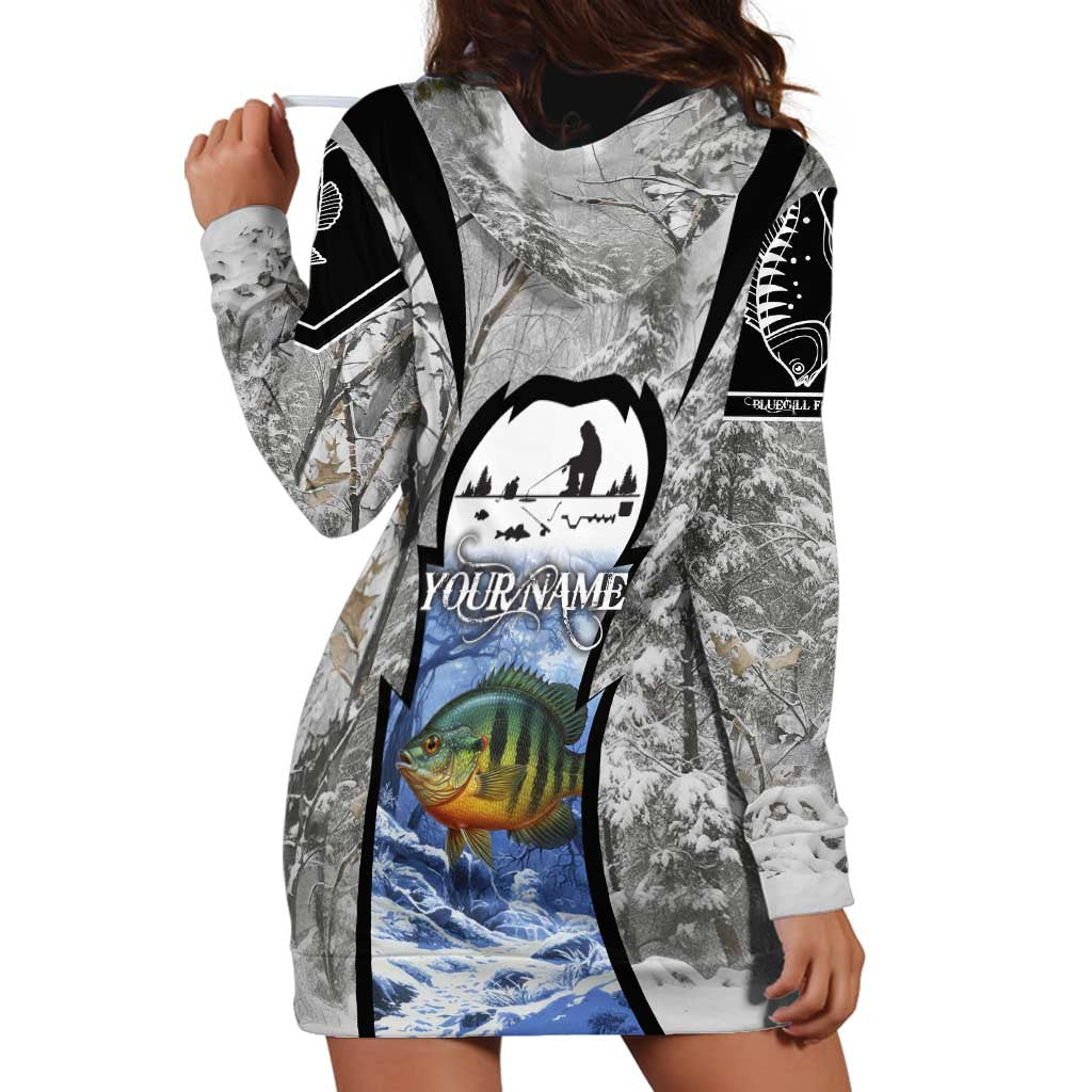 Custom Bluegill Ice Fishing Winter Camo Hoodie Dress with Snowy Forest Background Colorful Fish - Wonder Print Shop
