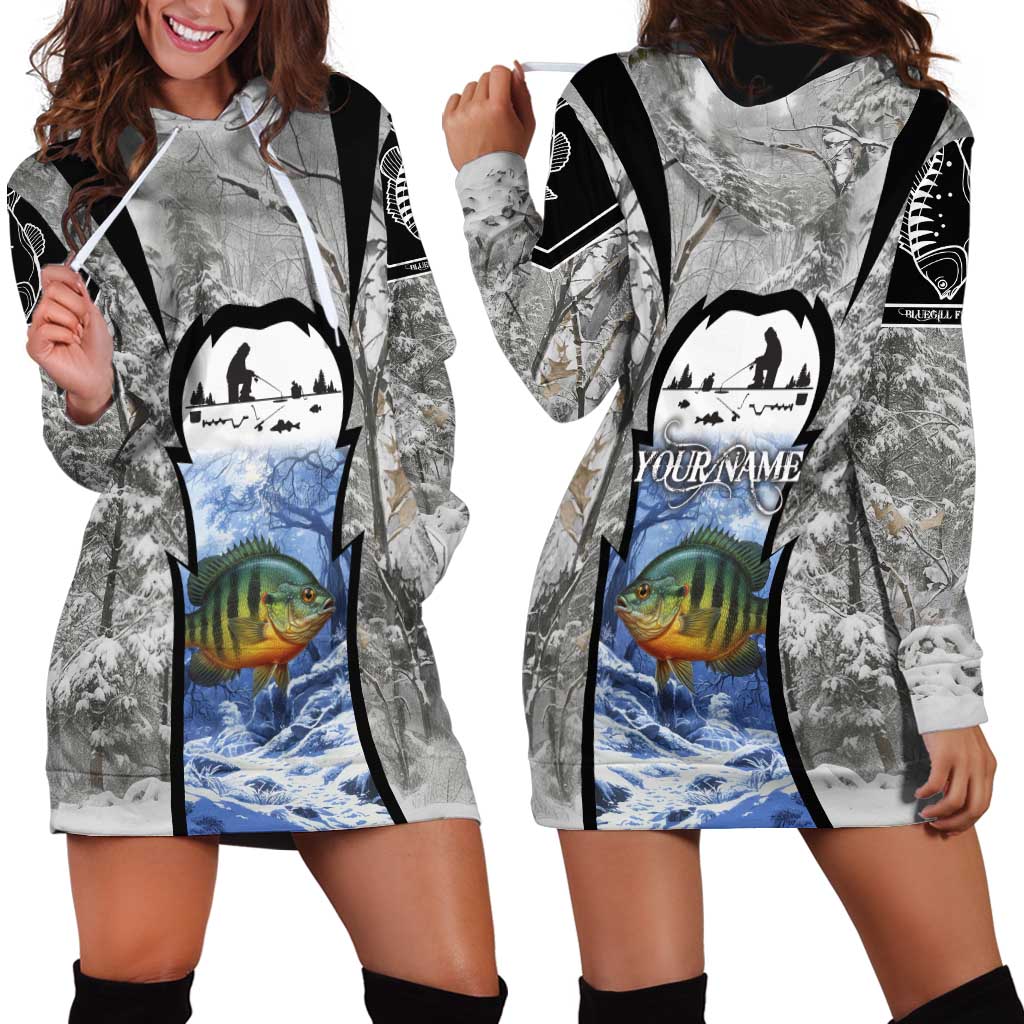 Custom Bluegill Ice Fishing Winter Camo Hoodie Dress with Snowy Forest Background Colorful Fish - Wonder Print Shop