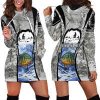 Custom Bluegill Ice Fishing Winter Camo Hoodie Dress with Snowy Forest Background Colorful Fish - Wonder Print Shop
