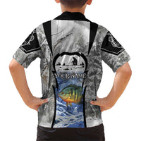 Custom Bluegill Ice Fishing Winter Camo Kid Hawaiian Shirt with Snowy Forest Background Colorful Fish - Wonder Print Shop