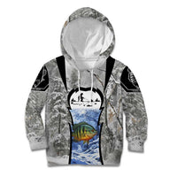 Custom Bluegill Ice Fishing Winter Camo Kid Hoodie with Snowy Forest Background Colorful Fish - Wonder Print Shop