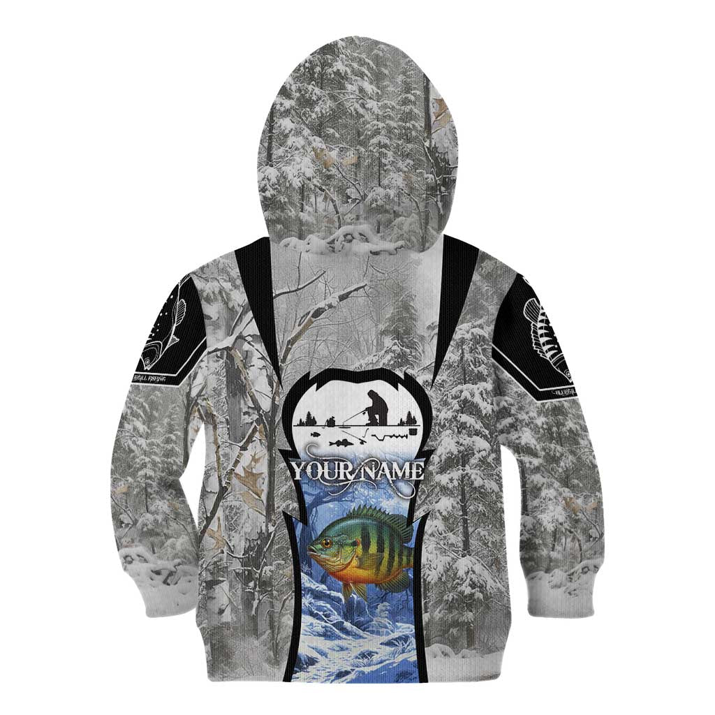 Custom Bluegill Ice Fishing Winter Camo Kid Hoodie with Snowy Forest Background Colorful Fish - Wonder Print Shop