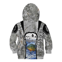 Custom Bluegill Ice Fishing Winter Camo Kid Hoodie with Snowy Forest Background Colorful Fish - Wonder Print Shop