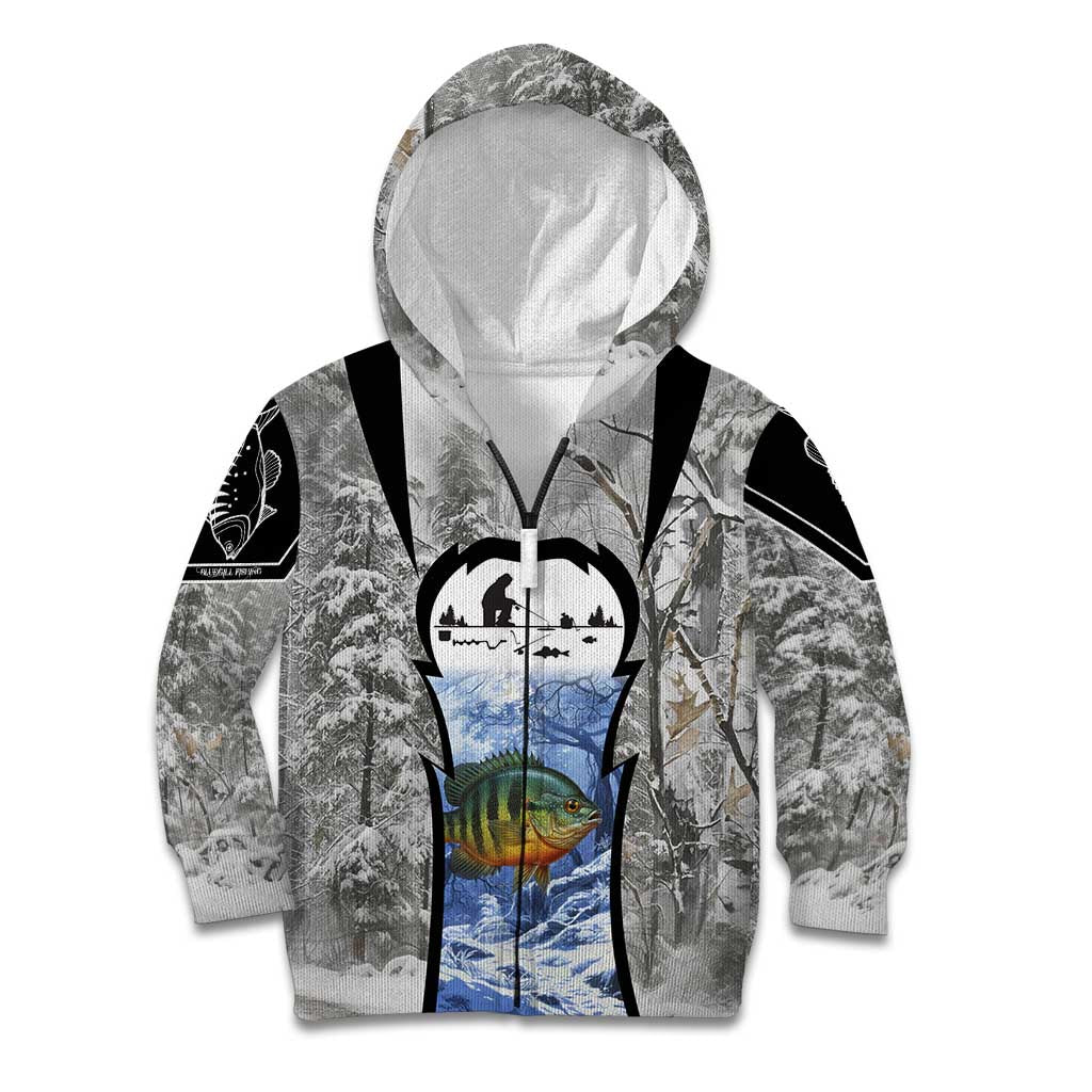 Custom Bluegill Ice Fishing Winter Camo Kid Hoodie with Snowy Forest Background Colorful Fish - Wonder Print Shop
