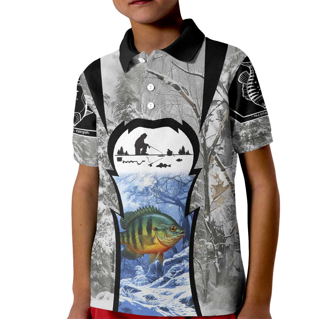 Custom Bluegill Ice Fishing Winter Camo Kid Polo Shirt with Snowy Forest Background Colorful Fish - Wonder Print Shop