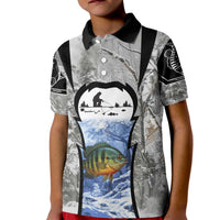 Custom Bluegill Ice Fishing Winter Camo Kid Polo Shirt with Snowy Forest Background Colorful Fish - Wonder Print Shop