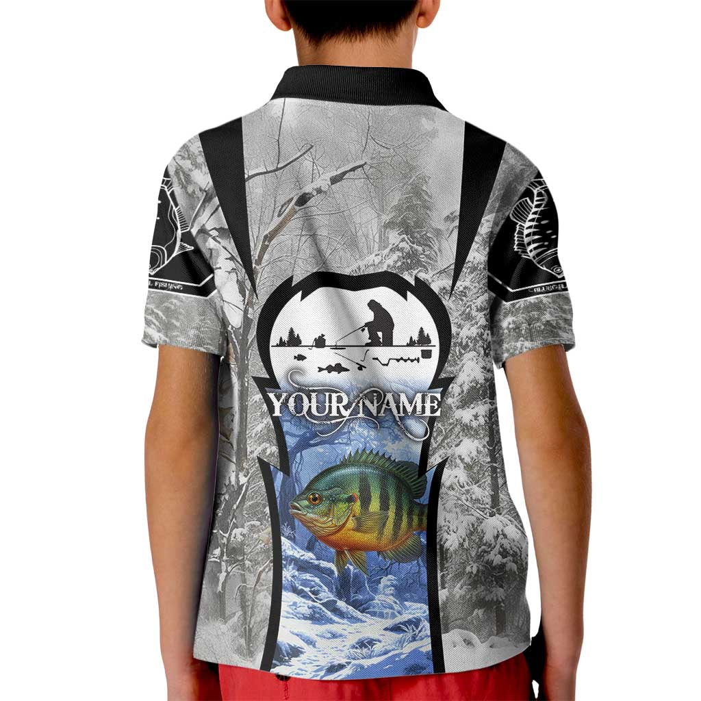 Custom Bluegill Ice Fishing Winter Camo Kid Polo Shirt with Snowy Forest Background Colorful Fish - Wonder Print Shop