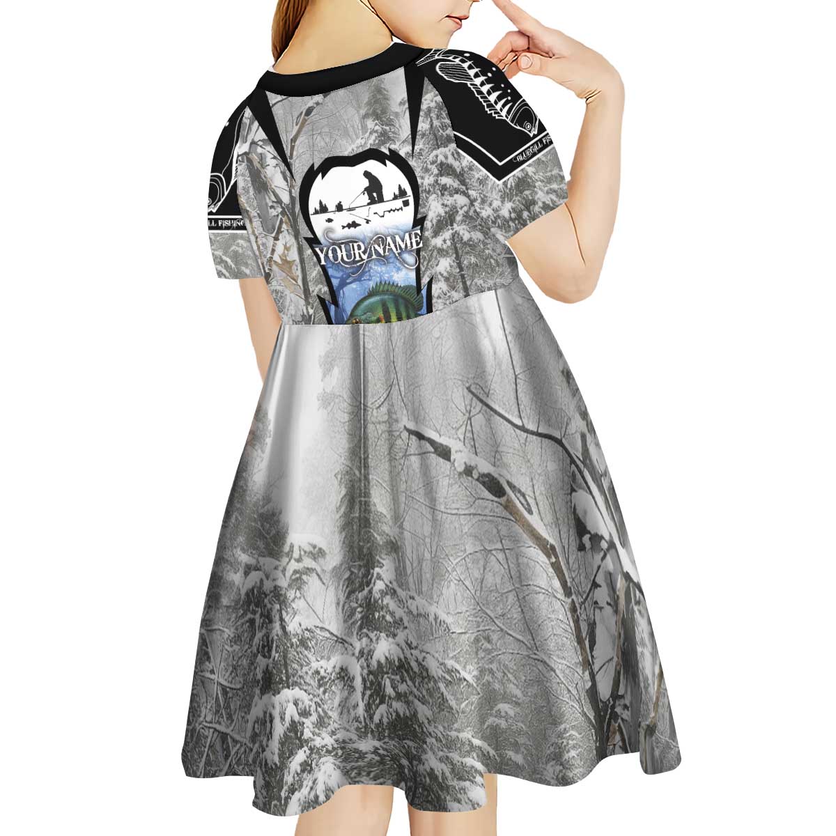 Custom Bluegill Ice Fishing Winter Camo Kid Short Sleeve Dress with Snowy Forest Background Colorful Fish - Wonder Print Shop