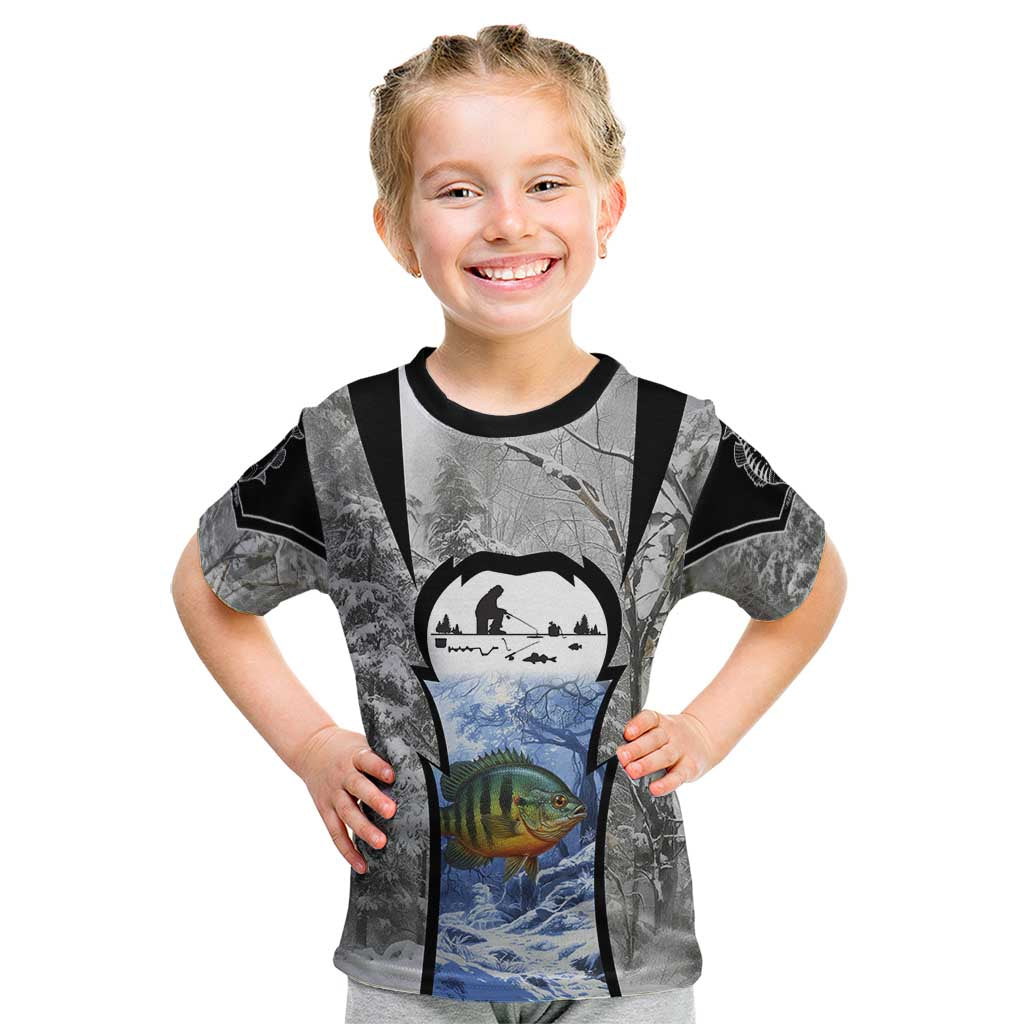 Custom Bluegill Ice Fishing Winter Camo Kid T Shirt with Snowy Forest Background Colorful Fish - Wonder Print Shop