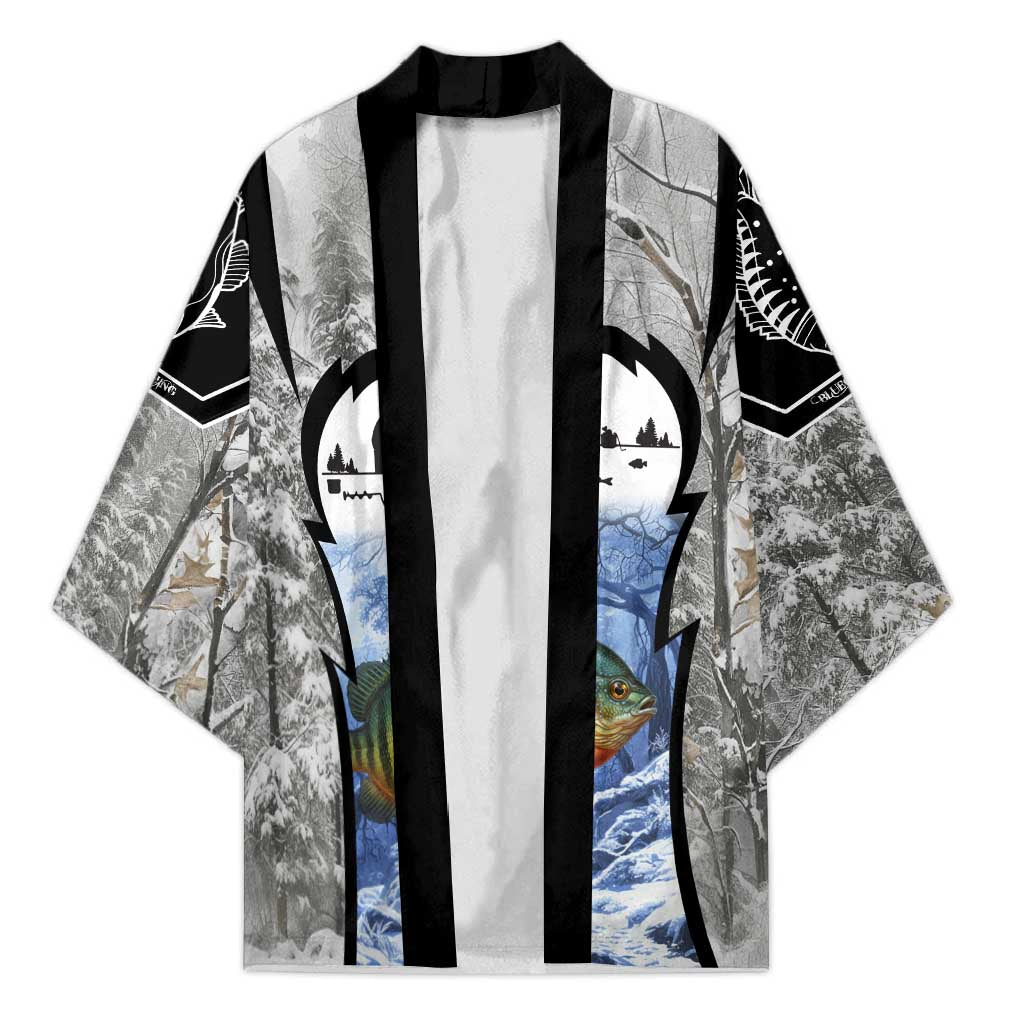 Custom Bluegill Ice Fishing Winter Camo Kimono with Snowy Forest Background Colorful Fish - Wonder Print Shop