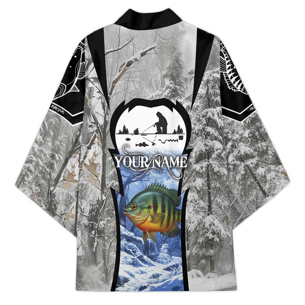 Custom Bluegill Ice Fishing Winter Camo Kimono with Snowy Forest Background Colorful Fish - Wonder Print Shop