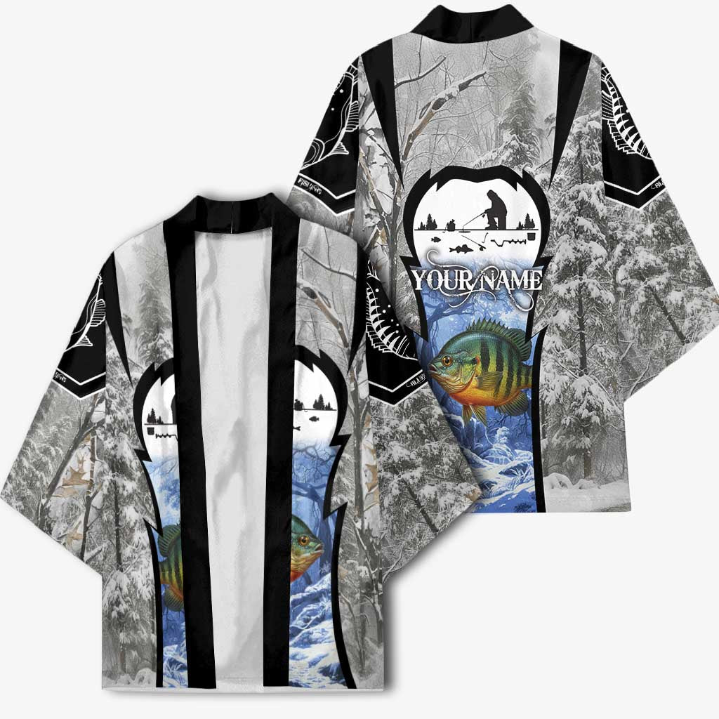 Custom Bluegill Ice Fishing Winter Camo Kimono with Snowy Forest Background Colorful Fish - Wonder Print Shop