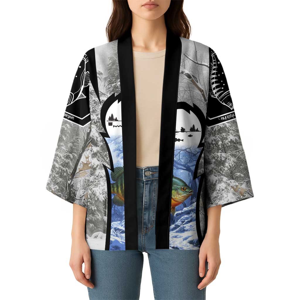 Custom Bluegill Ice Fishing Winter Camo Kimono with Snowy Forest Background Colorful Fish - Wonder Print Shop