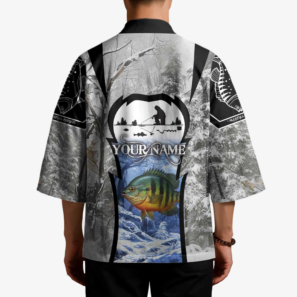 Custom Bluegill Ice Fishing Winter Camo Kimono with Snowy Forest Background Colorful Fish - Wonder Print Shop