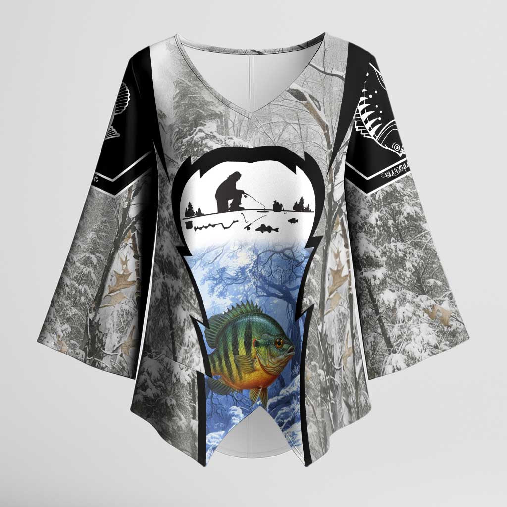 Custom Bluegill Ice Fishing Winter Camo Kimono Sleeve Blouse with Snowy Forest Background Colorful Fish - Wonder Print Shop