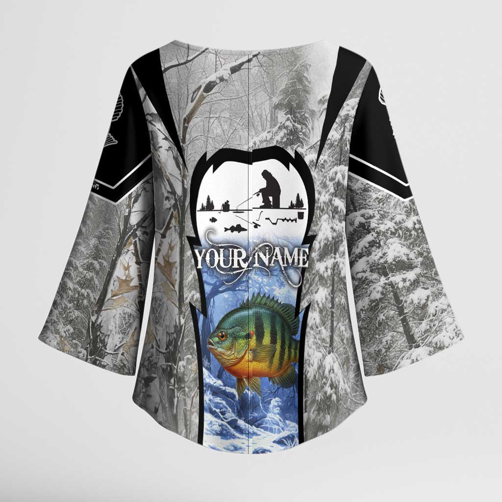 Custom Bluegill Ice Fishing Winter Camo Kimono Sleeve Blouse with Snowy Forest Background Colorful Fish - Wonder Print Shop
