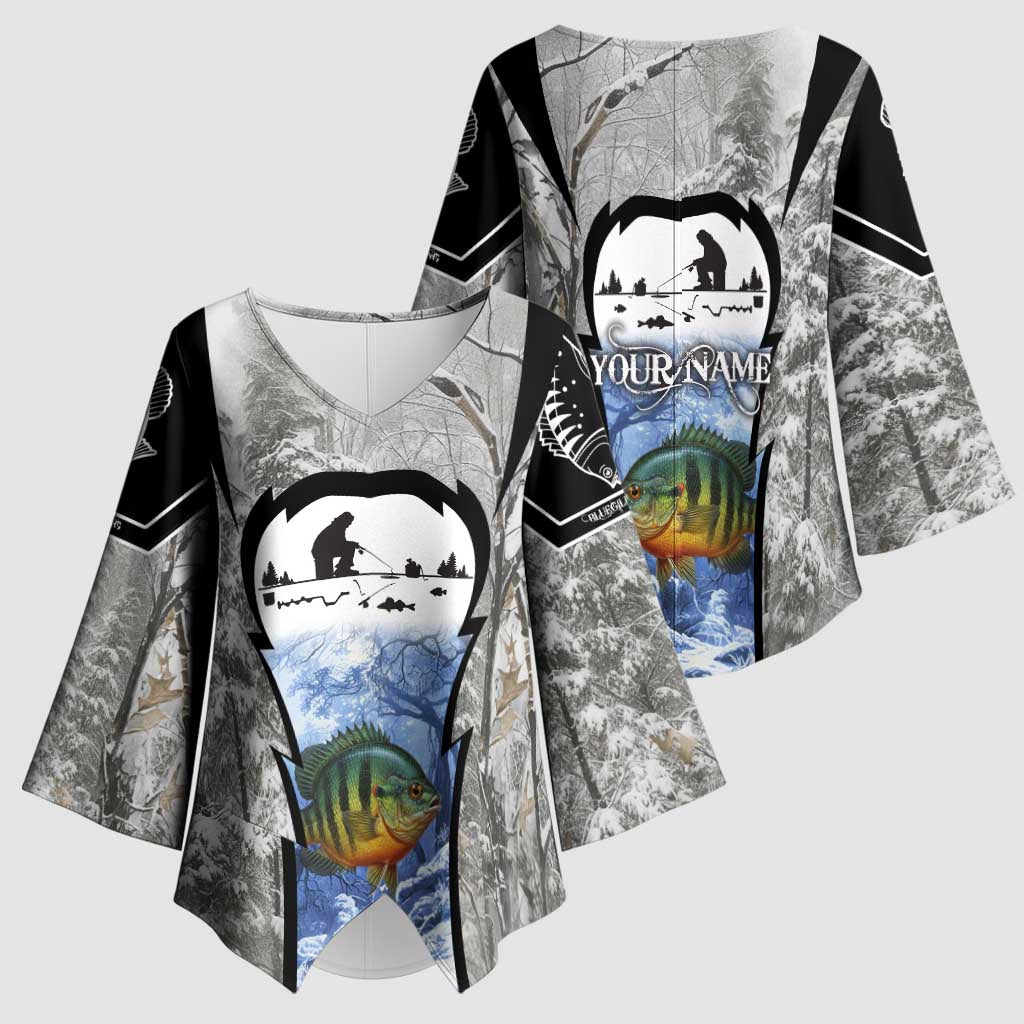 Custom Bluegill Ice Fishing Winter Camo Kimono Sleeve Blouse with Snowy Forest Background Colorful Fish - Wonder Print Shop