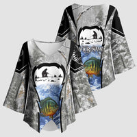 Custom Bluegill Ice Fishing Winter Camo Kimono Sleeve Blouse with Snowy Forest Background Colorful Fish - Wonder Print Shop