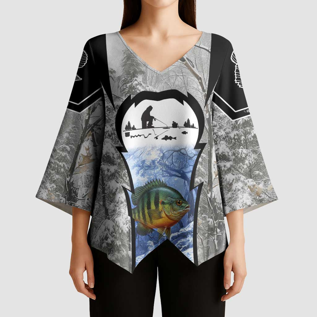 Custom Bluegill Ice Fishing Winter Camo Kimono Sleeve Blouse with Snowy Forest Background Colorful Fish - Wonder Print Shop