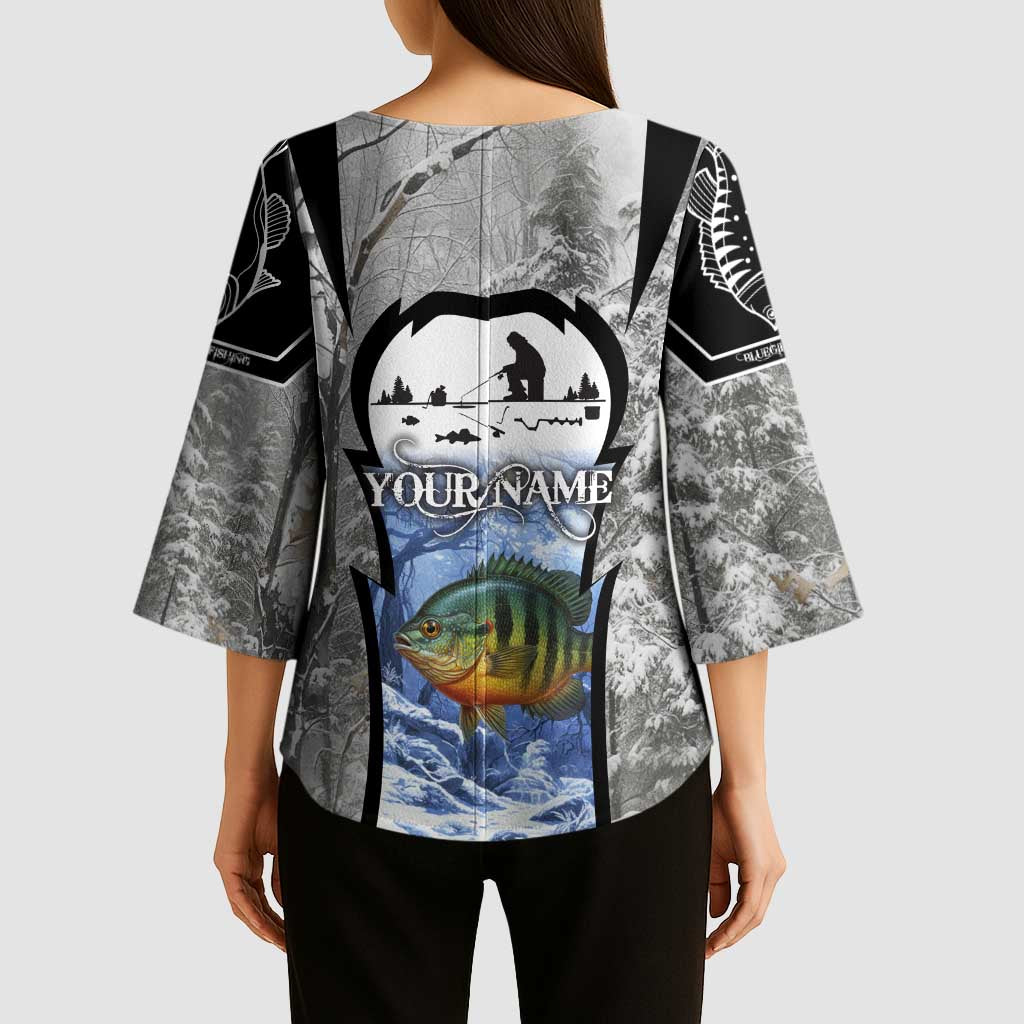 Custom Bluegill Ice Fishing Winter Camo Kimono Sleeve Blouse with Snowy Forest Background Colorful Fish - Wonder Print Shop